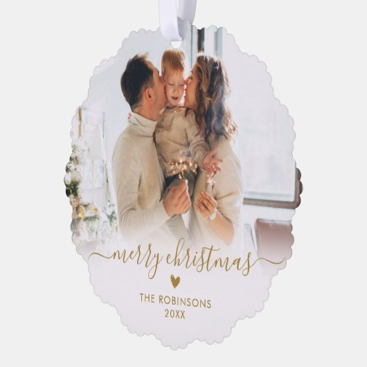 Modern Goud Wit Script 2 Familie Foto Kerstmis Ornament Kaart (Links)