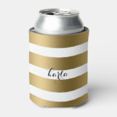 Modern Goud & Wit Streepjespatroon Monogram Blikjeskoeler (Blikje Voorkant)