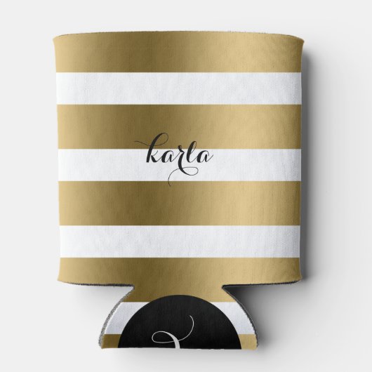 Modern Goud & Wit Streepjespatroon Monogram Blikjeskoeler (Achterkant)