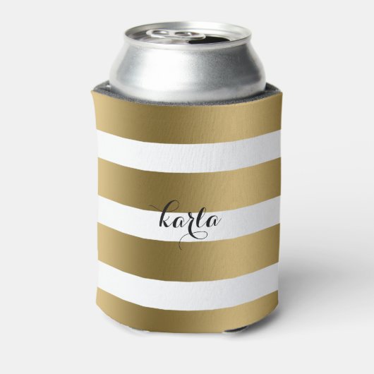 Modern Goud & Wit Streepjespatroon Monogram Blikjeskoeler (Blikje Achterkant)