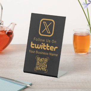 Modern Goud X Logo Twitter QR Code Zakelijk Bord Reclamebord Met Voetstuk