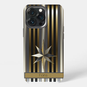 Modern goud zilver en zwart gestreept met ster iPhone 13 pro hoesje