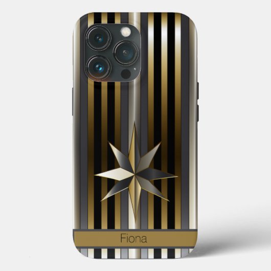 Modern Goud Zilver & Zwart Gestreept met Ster Case-Mate iPhone Case (Achterkant)