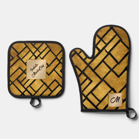 Modern Goud Zwart  Art Deco Collectie Ovenwant & Pannenlap Set (Voorkant)