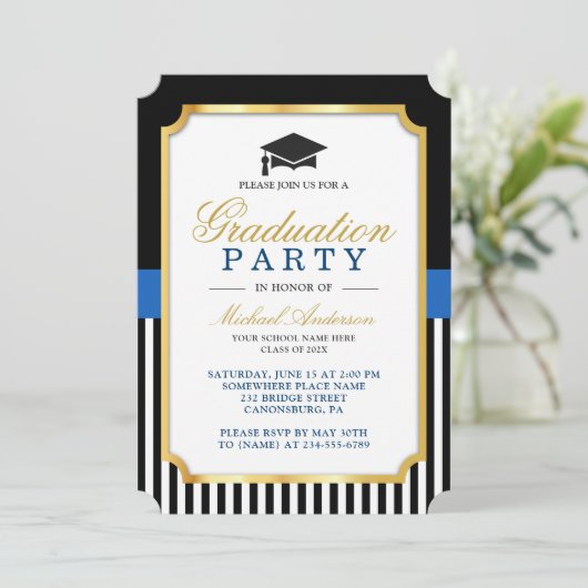Modern Goud Zwart Blauw Strepen Graduation Party Kaart (Staand voorkant)