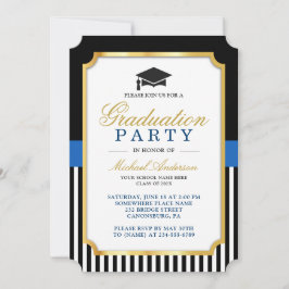 Modern Goud Zwart Blauw Strepen Graduation Party Kaart