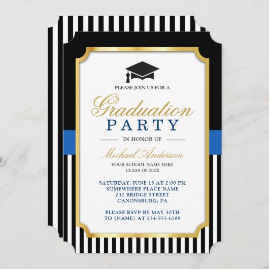 Modern Goud Zwart Blauw Strepen Graduation Party Kaart (Voorkant / Achterkant)