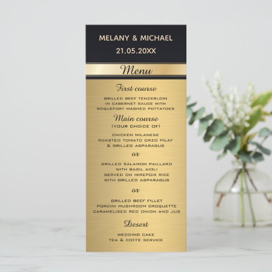 modern goud/zwart bruiloft-menu van Elegant Menu (Staand voorkant)