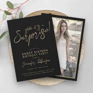 Modern Goud & Zwart Foto Verrassing Sweet 16 Kaart