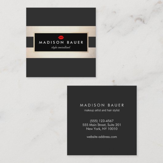 Modern Goud Zwart Gestreept Schoonheidssalon Vierkante Visitekaartje (Voorkant / Achterkant)