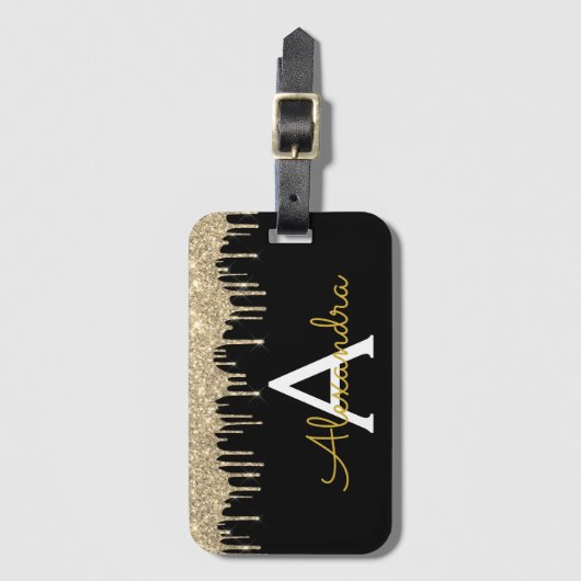 Modern Goud Zwart Glitter Sparkle Monogram Bagagelabel (Voorkant (verticaal))