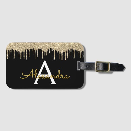 Modern Goud Zwart Glitter Sparkle Monogram Bagagelabel (Voorkant (horizontaal))