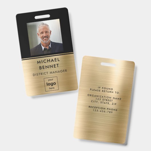 Modern Goud Zwart Medewerker Foto ID Badge (Voor- en achterkant)