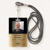 Modern Goud Zwart Medewerker Foto ID Badge (Voorkant met draagriem)