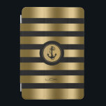 Modern Goud & Zwart Strepen Nautisch Anker iPad Mini Cover<br><div class="desc">Elegante moderne monogramed gouden metallic strepen over zwarte achtergrond die u kunt veranderen. Witte en gouden cirkel voor witte nautische ankerillustratie. Aangepast monogram. Als je hulp nodig hebt bij het aanpassen, veranderen van kleur of iets anders aan een van mijn design, neem dan contact op met ArtOnWear designer. Gratis tekstopmaak...</div>