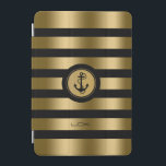 Modern Goud & Zwart Strepen Nautisch Anker iPad Mini Cover<br><div class="desc">Elegante moderne monogramed gouden metallic strepen over zwarte achtergrond die u kunt veranderen. Witte en gouden cirkel voor witte nautische ankerillustratie. Aangepast monogram. Als je hulp nodig hebt bij het aanpassen, veranderen van kleur of iets anders aan een van mijn design, neem dan contact op met ArtOnWear designer. Gratis tekstopmaak...</div>