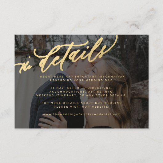 Modern goud zwart vervaagd foto bruiloft details informatiekaartje (Voorkant)