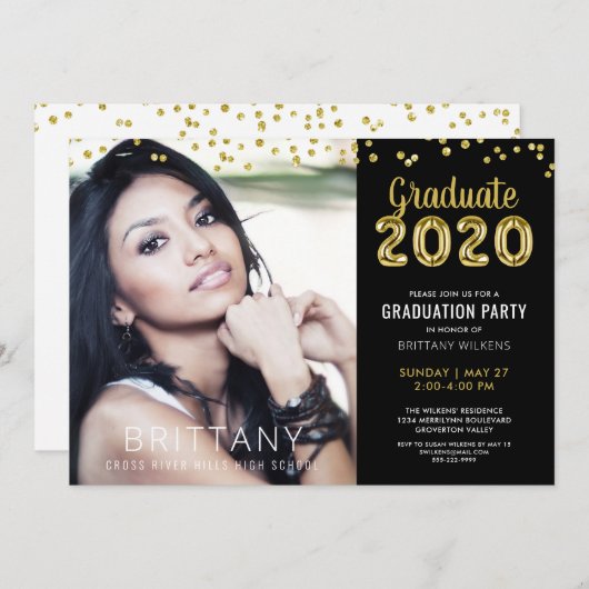 Modern Gouden Ballon Nummer 2020 Zwart Afstuderen Kaart (Voorkant / Achterkant)