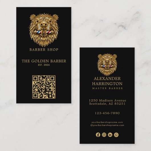Modern Gouden Bever Kapperszaak Logo Qr Code Visitekaartje (Voorkant / Achterkant)