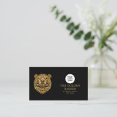 Modern Gouden Bever-logo Qr-code Kapperszaak Visitekaartje (Staand voorkant)