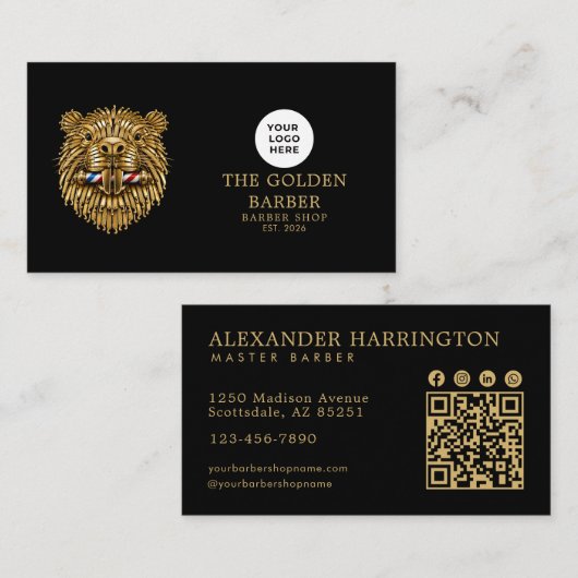 Modern Gouden Bever-logo Qr-code Kapperszaak Visitekaartje (Voorkant / Achterkant)