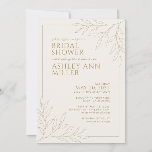 Modern Gouden Bladerwerk Omtrek Bruiloft Vrijgezel Kaart (Voorkant)