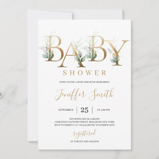 Modern gouden folie letters groen blad baby shower kaart (Voorkant)