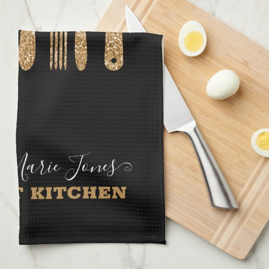 Modern Gouden Glitter Zwart Kookgerei Theedoek (Quarter Fold)