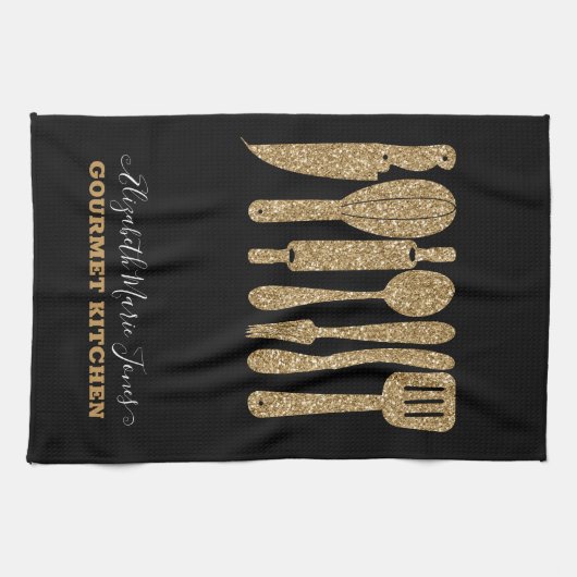 Modern Gouden Glitter Zwart Kookgerei Theedoek (Horizontaal)