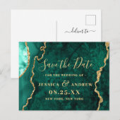 Modern Gouden Groene Agaat Marmer Save the Date Aankondigingskaart (Voorkant / Achterkant)