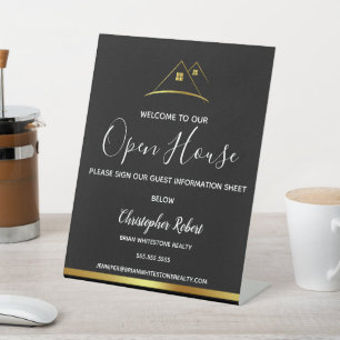 Modern Gouden Huis Logo Vastgoed Reclamebord Met Voetstuk