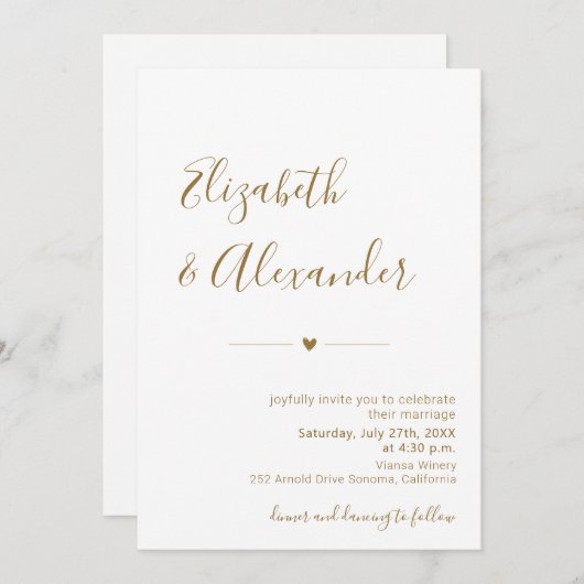 Modern Gouden Kalligrafie Script Hart Bruiloft Kaart (Voorkant / Achterkant)