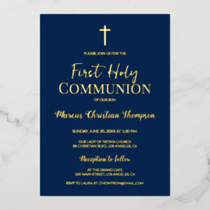Modern Gouden Kruis Blauw eerste heilige communie Folie Uitnodiging