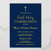 Modern Gouden Kruis Blauw eerste heilige communie Folie Uitnodiging (Voorkant)