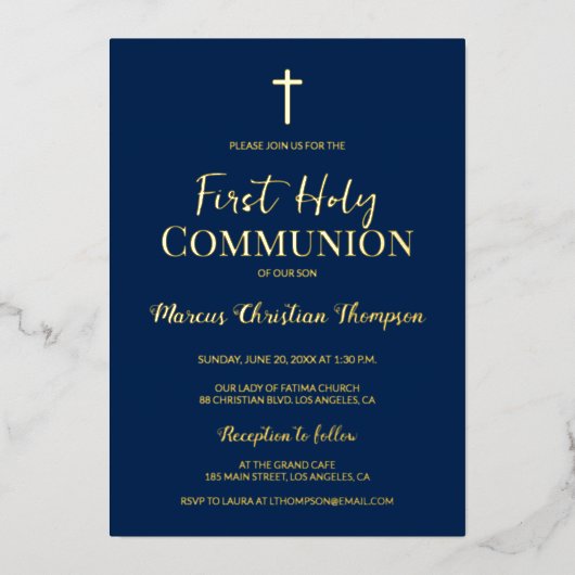 Modern Gouden Kruis Blauw eerste heilige communie Folie Uitnodiging (Voorkant)