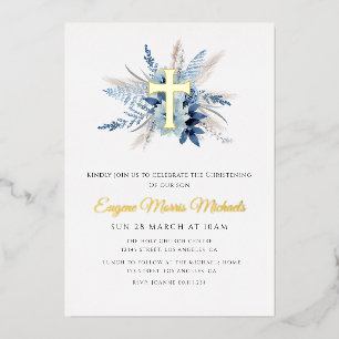 modern gouden kruis met blauwe florale doening folie uitnodiging