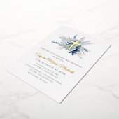 modern gouden kruis met blauwe florale doening folie uitnodiging (Gedraaid)