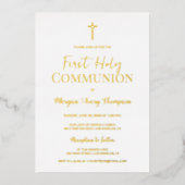 Modern Gouden Kruis Wit eerste heilige communie Folie Uitnodiging (Voorkant)