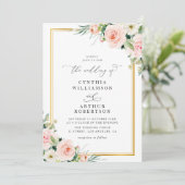 Modern gouden lijst blos waterverf bloemenbruiloft kaart (Staand voorkant)