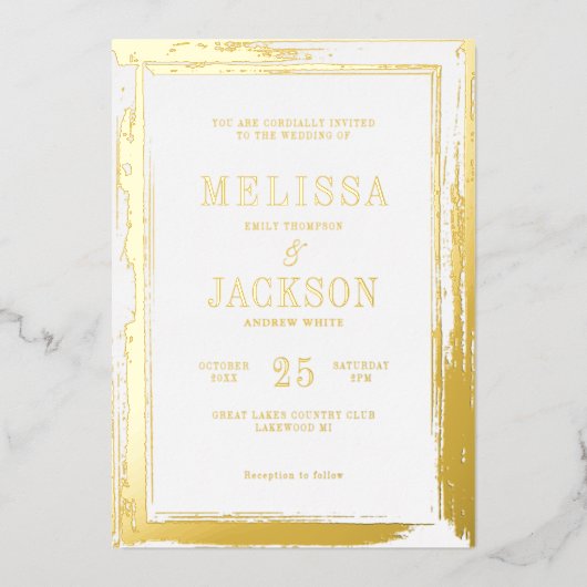 Modern gouden lijst bruiloft folie uitnodiging (Voorkant)