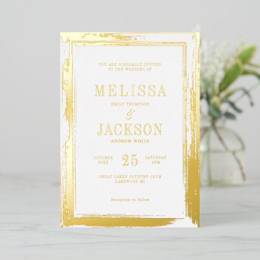 Modern gouden lijst bruiloft folie uitnodiging (Staand Voorkant)