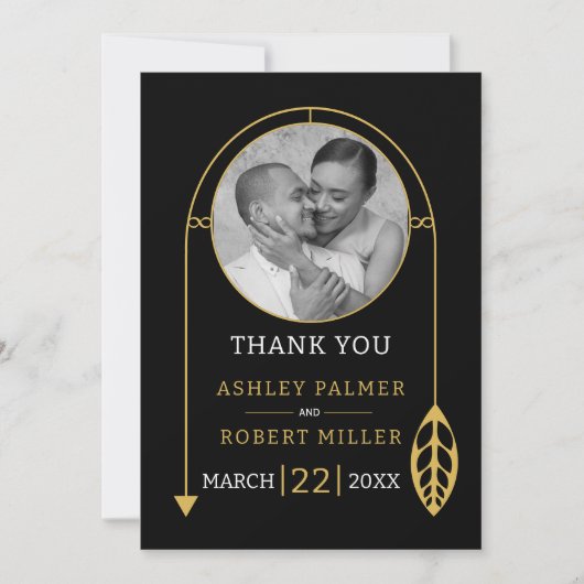 Modern gouden lijst met blad en foto bruiloft bedankkaart (Voorkant)