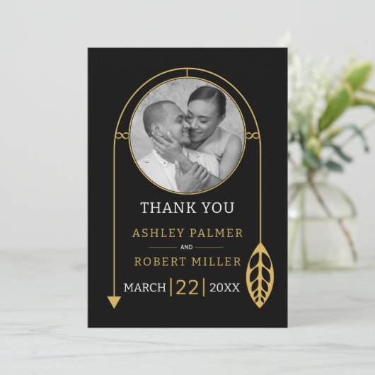 Modern gouden lijst met blad en foto bruiloft bedankkaart (Staand voorkant)