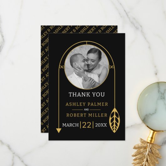 Modern gouden lijst met blad en foto bruiloft bedankkaart (Voorkant / Achterkant in situ)