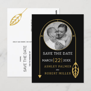 Modern gouden lijst met blad en foto bruiloft briefkaart