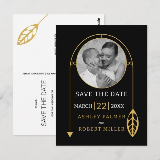 Modern gouden lijst met blad en foto bruiloft briefkaart (Voorkant / Achterkant)