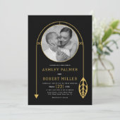 Modern gouden lijst met blad en foto bruiloft kaart (Staand voorkant)