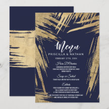 Modern Gouden Penselen Navy Blauwe Trouwmenu