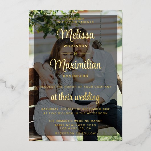 Modern gouden script 2 foto's bruiloft folie uitnodiging (Voorkant)