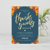 Modern gouden script blauw Thanksgiving diner Kaart (Staand voorkant)